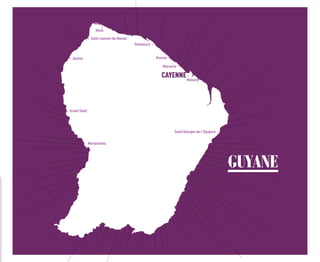GUYANE
Grand-Santi
Maripasoula
Apatou
Saint-Laurent-du-Maroni
Mana
Saint-Georges-de-l’Oyapock
Matoury
Macouria
Kourou
Sinnamary
CAYENNE
 