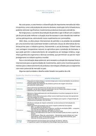 PANORAMA SETORIAL 2015-2018 
INDÚSTRIA QUÍMICA 
No curto prazo, o crescimento e a diversificação de importantes mercados da indús-tria 
química, como o de produtos de consumo duráveis, construção civil e infraestrutura, 
poderão estimular significativos investimentos produtivos locais para atendê-los. 
No longo prazo, o aumento da produção de petróleo e gás no Brasil com a explora-ção 
do pré-sal pode melhorar a situação atual de escassez e custo elevado das matérias- 
-primas petroquímicas, estimulando novos investimentos em commodities. 
Além disso, os altos preços internacionais do petróleo e as pressões da sociedade 
por uma economia mais sustentável tendem a estimular a busca de alternativas de ma-térias- 
primas para a indústria química, favorecendo o uso da biomassa. O Brasil conta 
com vantagens comparativas naturais na agricultura para a produção de biomassa, o 
que pode permitir o desenvolvimento de competências em biologia sintética, enge-nharia 
genética de organismos e técnicas correlatas, que permitiriam ao país ter maior 
protagonismo na indústria química mundial. 
Para a concretização desse potencial, será necessária a atração de empresas locais e 
internacionais para as oportunidades de investimentos, assim como incentivos governa-mentais 
para o desenvolvimento de produtos e tecnologias voltados para os segmentos 
118 
com maior potencial de mercado no país. 
Algumas oportunidades e desafios estão listados nos quadros 4a e 4b. 
Quadro 4a: Desafios tecnológicos 
SEGMENTOS DESAFIOS TECNOLÓGICOS 
Cosméticos 
• Pesquisas em biotecnologia e nanotecnologia para novas propriedades nos produtos e 
menores custos de produção 
• Biodiversidade para obtenção de produtos químicos de origem natural (ou 
parcialmente modificados) 
Defensivos 
• Desenvolvimento de defensivos de base natural e biopesticidas 
• Exemplo: uso de óleos essenciais da laranja e uso de insetos para ataque a pragas 
• Defensivos com menor impacto ambiental 
Aditivos 
alimentícios 
• Metionina: Desenvolvimento da rota fermentativa e incentivo a pesquisa da rota via 
glicerina no Brasil 
• Gelatina: Rotas alternativas para utilizar outras matérias-primas que não apresentam 
risco de escassez no futuro 
• Albuminas: Alternativas operacionais e tecnológicas para superar a fragmentação da 
matéria-prima (exemplo: soro do leite) 
Tensoativos 
• Eficiência e redução do impacto ambiental: uso de enzimas em formulações de 
tensoativos 
• Desenvolvimento de produtos com menor impacto ambiental (renováveis) 
»» MES, na cadeia de oleoquímicos 
»» Derivados do farneseno para substituir nonilfenóis etoxilados (NPEs – compostos 
com risco de proibição por regulação no futuro) 
• Rotas alternativas para obtenção de matérias-primas chave 
»» Eteno: rota alternativa com base na rota renovável (óxido de eteno a partir de 
etanol); 
»» Ácidos graxos: Óleos de customizáveis – óleos/ácidos graxos obtidos por rotas 
alternativas, como fermentação de açúcares por algas heterotróficas, para 
obtenção de ácidos graxos de interesse 
Químicos 
para E&P 
• Desenvolvimento de tecnologia para produção de ésteres, olefinas 
e n-parafinas a partir da oleoquímica (tecnologia hoje proprietária) 
 