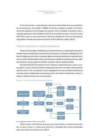 PANORAMA SETORIAL 2015-2018 
SUCROENERGÉTICO 
A fim de estimular a retomada dos níveis de produtividade da lavoura brasileira 
de cana-de-açúcar, foi lançado o BNDES Prorenova, programa voltado ao financia-mento 
da expansão e da renovação de canaviais. Como resultado, foi possível notar a 
redução significativa da ociosidade industrial da produção de açúcar e etanol na safra 
2013-2014, sobre as quais estimativas indicaram elevação do nível de utilização da 
capacidade instalada para patamar próximo a 95% [Milanez e Nyko (2013)]. 
Fatores estruturais e cadeias produtivas 
O setor sucroenergético notabilizou-se recentemente por sua capacidade de produzir 
energia limpa em larga escala. O etanol de cana-de-açúcar e a bioeletricidade gerada com 
base no bagaço de cana foram os grandes determinantes das decisões de investimento do 
setor na última década. Desse modo, as tradicionais unidades processadoras de cana, além 
de produzirem açúcar, passaram também a produzir etanol e bioeletricidade. 
Essa diversificação de produtos trouxe mudanças importantes para o setor sucro-energético. 
Açúcar, etanol e bioeletricidade fazem parte de mercados essencialmente 
distintos entre si. Por conseguinte, foram agregados novos elos à cadeia produtiva da 
cana-de-açúcar, notadamente a jusante das usinas. De maneira simplificada, a Figura 1 
esboça a cadeia produtiva da cana-de-açúcar. 
Figura 1: A cadeia produtiva da cana-de-açúcar 
Refinaria 
(anidro) 
Etanol 
Açúcar 
Energia 
elétrica 
179 
Indústria de máquinas 
e implementos agrícolas 
Produtores 
de cana-de-açúcar 
Indústria de insumos 
agrícolas 
Indústria de máquinas e 
equipamentos industriais 
(BK industrial) 
Indústria de 
processamento 
da cana 
Fonte: Adaptado de Neves, Trombin e Consoli (2010). 
Distribuidores 
Indústrias 
de bebidas, 
cosméticos, 
química etc. 
Postos 
revendedores 
CONSUMIDOR 
FIN 
AL 
Atacado 
Varejo 
Indústria de 
alimentos e 
outras 
Distribuidores 
Consumidor 
livre 
Todos os elos a montante da usina de cana vertem direta ou indiretamente para 
ela, ou seja, a usina é o núcleo que concentra a utilização dos insumos produzidos 
pelos elos anteriores [Valente et al. (2013). 
 