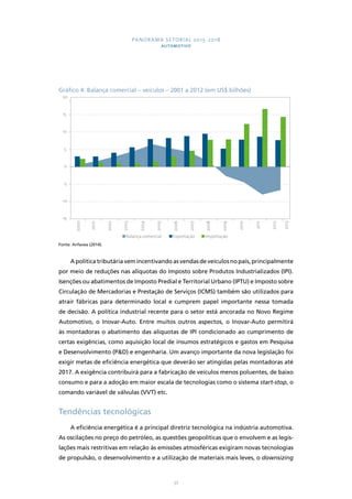 PANORAMA SETORIAL 2015-2018 
AUTOMOTIVO 
Gráfico 4: Balança comercial – veículos – 2001 a 2012 (em US$ bilhões) 
2006 
Balança comercial Exportação Importação 
37 
20 
15 
10 
5 
0 
-5 
-10 
-15 
2000 
2001 
Fonte: Anfavea (2014). 
2002 
2003 
2004 
2005 
2007 
2008 
2009 
2010 
2011 
2012 
2013 
A política tributária vem incentivando as vendas de veículos no país, principalmente 
por meio de reduções nas alíquotas do Imposto sobre Produtos Industrializados (IPI). 
Isenções ou abatimentos de Imposto Predial e Territorial Urbano (IPTU) e Imposto sobre 
Circulação de Mercadorias e Prestação de Serviços (ICMS) também são utilizados para 
atrair fábricas para determinado local e cumprem papel importante nessa tomada 
de decisão. A política industrial recente para o setor está ancorada no Novo Regime 
Automotivo, o Inovar-Auto. Entre muitos outros aspectos, o Inovar-Auto permitirá 
às montadoras o abatimento das alíquotas de IPI condicionado ao cumprimento de 
certas exigências, como aquisição local de insumos estratégicos e gastos em Pesquisa 
e Desenvolvimento (P&D) e engenharia. Um avanço importante da nova legislação foi 
exigir metas de eficiência energética que deverão ser atingidas pelas montadoras até 
2017. A exigência contribuirá para a fabricação de veículos menos poluentes, de baixo 
consumo e para a adoção em maior escala de tecnologias como o sistema start-stop, o 
comando variável de válvulas (VVT) etc. 
Tendências tecnológicas 
A eficiência energética é a principal diretriz tecnológica na indústria automotiva. 
As oscilações no preço do petróleo, as questões geopolíticas que o envolvem e as legis-lações 
mais restritivas em relação às emissões atmosféricas exigiram novas tecnologias 
de propulsão, o desenvolvimento e a utilização de materiais mais leves, o downsizing 
 