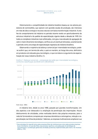 PANORAMA SETORIAL 2015-2018 
BENS DE CAPITAL 
Historicamente a competitividade da indústria brasileira baseou-se nos setores pro-dutores 
de commodities, que operam com grandes escalas de produção, são intensivos 
em mão de obra e energia e recursos naturais com baixa transformação industrial. A aná-lise 
do comportamento da indústria no período recente revela um aprofundamento da 
estrutura industrial e do padrão de especialização vigente desde a década de 1970. Em 
todos os complexos industriais mais sofisticados, com grau mais elevado de agregação de 
valor e maior dinamismo tecnológico, verificou-se um eventual retrocesso, caracterizando 
o período como uma etapa de especialização regressiva da indústria brasileira. 
Observando a trajetória da balança comercial por intensidade tecnológica, pode- 
-se auferir que, em termos de valor, o país se mantém, ao longo dos anos, deficitário 
em produtos com elevado grau tecnológico, o que corrobora o argumento da especia-lização 
1996 
1997 
1998 
1999 
2000 
2001 
2002 
2003 
2004 
2005 
2006 
2007 
2008 
2009 
2010 
2011 
2012 
2013 
Não industriais Baixa Média-baixa Média-alta Alta 
49 
de nossa indústria (Gráfico 1). 
Gráfico 1: Balança comercial – composição do saldo por intensidade tecnológica, 
conforme classificação da OCDE (em US$ bilhões) 
150.000 
100.000 
50.000 
- 
(50.000) 
(100.000) 
Fonte: Secex – MDIC. 
A indústria tem, desde os anos 1990, passado por grandes transformações. Um 
dos aspectos a ser destacado é a ampliação da penetração das importações. Houve 
deslocamento de atividades, antes realizadas dentro das próprias empresas, para a 
rede de fornecedores composta por empresas domésticas e estrangeiras, redução e es-pecialização 
nas linhas de produtos.4 Ademais, as empresas multinacionais ampliaram sua 
4 Essa estratégia foi seguida tanto pelas empresas filiais de multinacionais como pelas grandes empresas 
locais. Entretanto, no caso das filiais, esse processo significou uma adequação às estratégias de 
racionalização e coordenação global das atividades produtivas implementadas pela matriz. Ver Hiratuka 
(2003, p. 197). 
 
