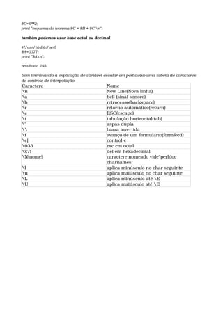 $C=6**2;
print "esquema do teorema $C = $B + $C n";
também podemos usar base octal ou decimal 
#!/usr/binbin/perl
$A=0377;
print "$An";
 
resultado 255
bem terminando a explicação de variável escalar em perl deixo uma tabela de caracteres 
de controle de interpolação.
Caractere Nome
n New Line(Nova linha)
a bell (sinal sonoro)
b retrocesso(backspace)
r retorno automático(return)
e ESC(escape)
t tabulação horizontal(tab)
" aspas dupla
 barra invertida
f avanço de um formulário(formfeed)
c[ control­c
033 esc em octal
x7f del em hexadecimal
N{nome} caractere nomeado vide"perldoc 
charnames"
l  aplica minúsculo no char seguinte
u aplica maiúsculo no char seguinte
L aplica minúsculo até E
U aplica maiúsculo até E
 