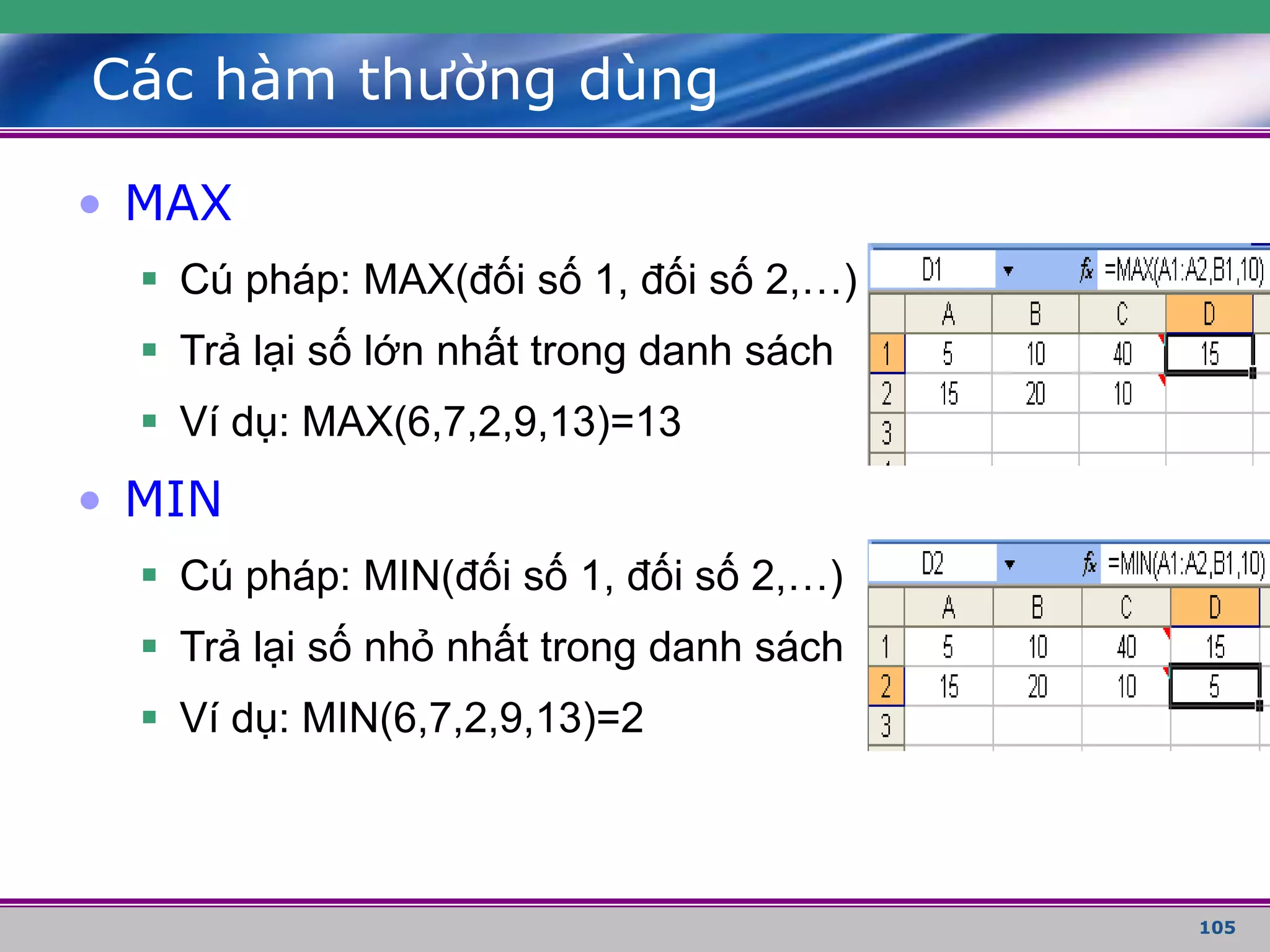 105
Các hàm thường dùng
• MAX
 Cú pháp: MAX(đối số 1, đối số 2,…)
 Trả lại số lớn nhất trong danh sách
 Ví dụ: MAX(6,7,2,9,13)=13
• MIN
 Cú pháp: MIN(đối số 1, đối số 2,…)
 Trả lại số nhỏ nhất trong danh sách
 Ví dụ: MIN(6,7,2,9,13)=2
 