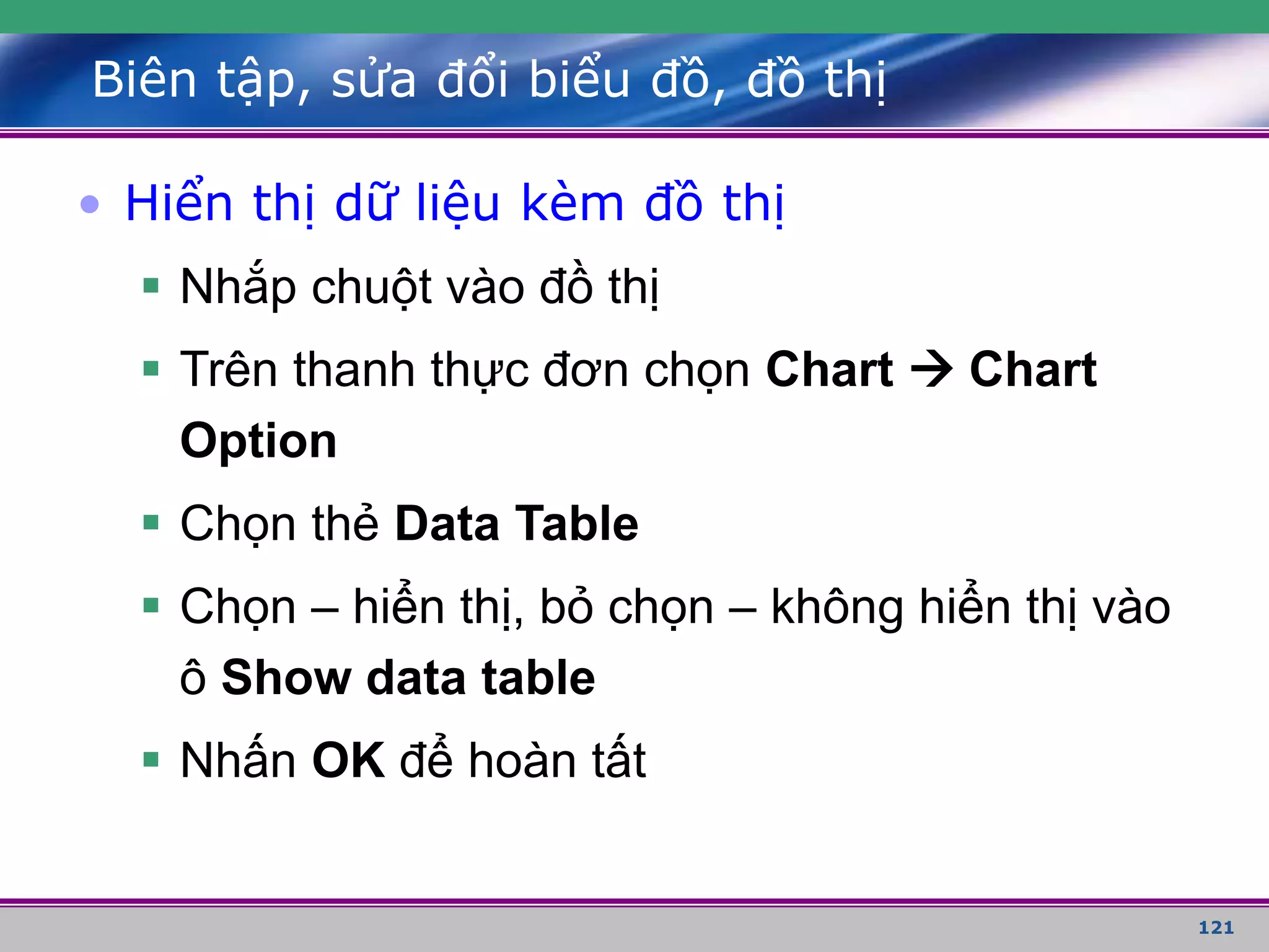 121
Biên tập, sửa đổi biểu đồ, đồ thị
• Hiển thị dữ liệu kèm đồ thị
 Nhắp chuột vào đồ thị
 Trên thanh thực đơn chọn Chart  Chart
Option
 Chọn thẻ Data Table
 Chọn – hiển thị, bỏ chọn – không hiển thị vào
ô Show data table
 Nhấn OK để hoàn tất
 