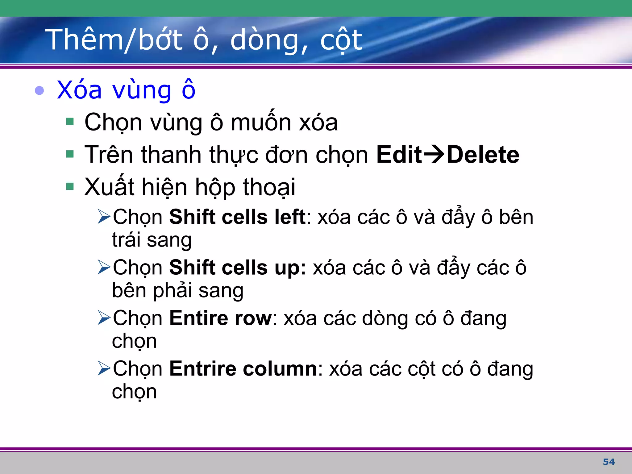 54
Thêm/bớt ô, dòng, cột
• Xóa vùng ô
 Chọn vùng ô muốn xóa
 Trên thanh thực đơn chọn EditDelete
 Xuất hiện hộp thoại
Chọn Shift cells left: xóa các ô và đẩy ô bên
trái sang
Chọn Shift cells up: xóa các ô và đẩy các ô
bên phải sang
Chọn Entire row: xóa các dòng có ô đang
chọn
Chọn Entrire column: xóa các cột có ô đang
chọn
 