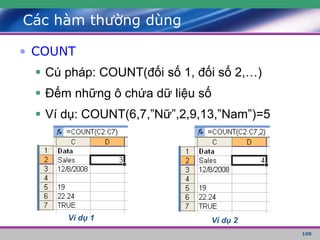 108
Các hàm thường dùng
• COUNT
 Cú pháp: COUNT(đối số 1, đối số 2,…)
 Đếm những ô chứa dữ liệu số
 Ví dụ: COUNT(6,7,”Nữ”,2,9,13,”Nam”)=5
Ví dụ 1 Ví dụ 2
 