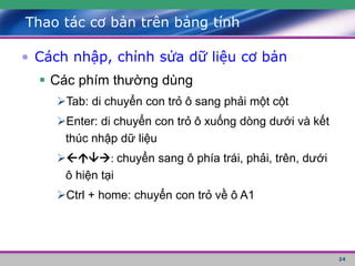 24
Thao tác cơ bản trên bảng tính
• Cách nhập, chỉnh sửa dữ liệu cơ bản
 Các phím thường dùng
Tab: di chuyển con trỏ ô sang phải một cột
Enter: di chuyển con trỏ ô xuống dòng dưới và kết
thúc nhập dữ liệu
: chuyển sang ô phía trái, phải, trên, dưới
ô hiện tại
Ctrl + home: chuyển con trỏ về ô A1
 