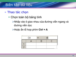 42
Biên tập dữ liệu
• Thao tác chọn
 Chọn toàn bộ bảng tính
Nhắp vào ô giao nhau của đường viền ngang và
đường viền dọc
Hoặc ấn tổ hợp phím Ctrl + A
 