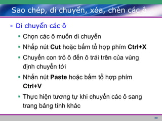 50
• Di chuyển các ô
 Chọn các ô muốn di chuyển
 Nhấp nút Cut hoặc bấm tổ hợp phím Ctrl+X
 Chuyển con trỏ ô đến ô trái trên của vùng
định chuyển tới
 Nhấn nút Paste hoặc bấm tổ hợp phím
Ctrl+V
 Thực hiện tương tự khi chuyển các ô sang
trang bảng tính khác
Sao chép, di chuyển, xóa, chèn các ô
 