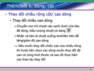 56
Thêm/bớt ô, dòng, cột
• Thay đổi chiều rộng cột/ cao dòng
 Thay đổi chiều cao dòng
Chuyển con trỏ chuột vào cạnh dưới của tiêu
đề dòng, biểu tượng chuột có dạng
Nhấn và kéo di chuột xuống dưới/lên trên để
tăng/giảm độ cao dòng
 Nếu muốn thay đổi chiều cao của nhiều dòng
thì trước tiên chọn các dòng muốn thay đổi độ
cao có cùng kích thước và sau đó thực hiện
các thao tác thay đổi
 