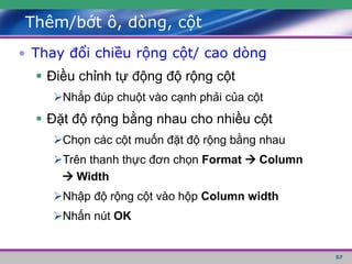 57
Thêm/bớt ô, dòng, cột
• Thay đổi chiều rộng cột/ cao dòng
 Điều chỉnh tự động độ rộng cột
Nhắp đúp chuột vào cạnh phải của cột
 Đặt độ rộng bằng nhau cho nhiều cột
Chọn các cột muốn đặt độ rộng bằng nhau
Trên thanh thực đơn chọn Format  Column
 Width
Nhập độ rộng cột vào hộp Column width
Nhấn nút OK
 