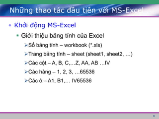 6
• Khởi động MS-Excel
 Giới thiệu bảng tính của Excel
Sổ bảng tính – workbook (*.xls)
Trang bảng tính – sheet (sheet1, sheet2, …)
Các cột – A, B, C,…Z, AA, AB …IV
Các hàng – 1, 2, 3, …65536
Các ô – A1, B1,… IV65536
Những thao tác đầu tiên với MS-Excel
 