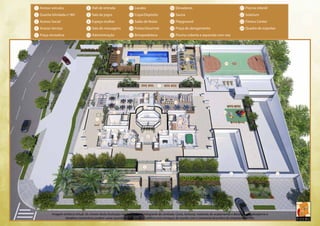 6 Hall de entrada 
7 Sala de jogos 
8 Espaço mulher 
9 Sala de massagens 
10 Administração 
11 Lavabo 
12 Copa/Depósito 
13 Salão de festas 
14 Festas/Gourmet 
15 Brinquedoteca 
22 20 
16 Elevadores 
17 Sauna 
18 Playground 
19 Praça de alongamento 
20 Piscina coberta e aquecida com raia 
17 
21 23 
11 
5 
13 14 
15 
12 
16 16 
11 
8 6 7 
2 
3 4 
21 Piscina infantil 
22 Solarium 
23 Fitness Center 
24 Quadra de esportes 
1 1 
5 
9 
12 
10 
11 
12 
24 
18 
19 
1 Acesso veículos 
2 Guarita blindada c/ WC 
3 Acesso Social 
4 Acesso Serviço 
5 Praça recreativa 
11 
Imagem artística virtual. Os móveis desta ilustração não fazem parte integrante do contrato. Cores, texturas, materiais de acabamento e decorativos, paisagismo e 
detalhes construtivos podem variar quando da execução. O edifício será entregue de acordo com o memorial descritivo do empreendimento. 
 