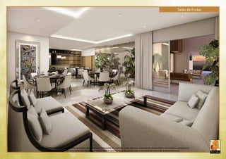 Salão de Festas 
Imagem artística virtual. Os móveis desta ilustração não fazem parte integrante do contrato. Cores, texturas, materiais de acabamento e decorativos, paisagismo e 
detalhes construtivos podem variar quando da execução. O edifício será entregue de acordo com o memorial descritivo do empreendimento. 
 