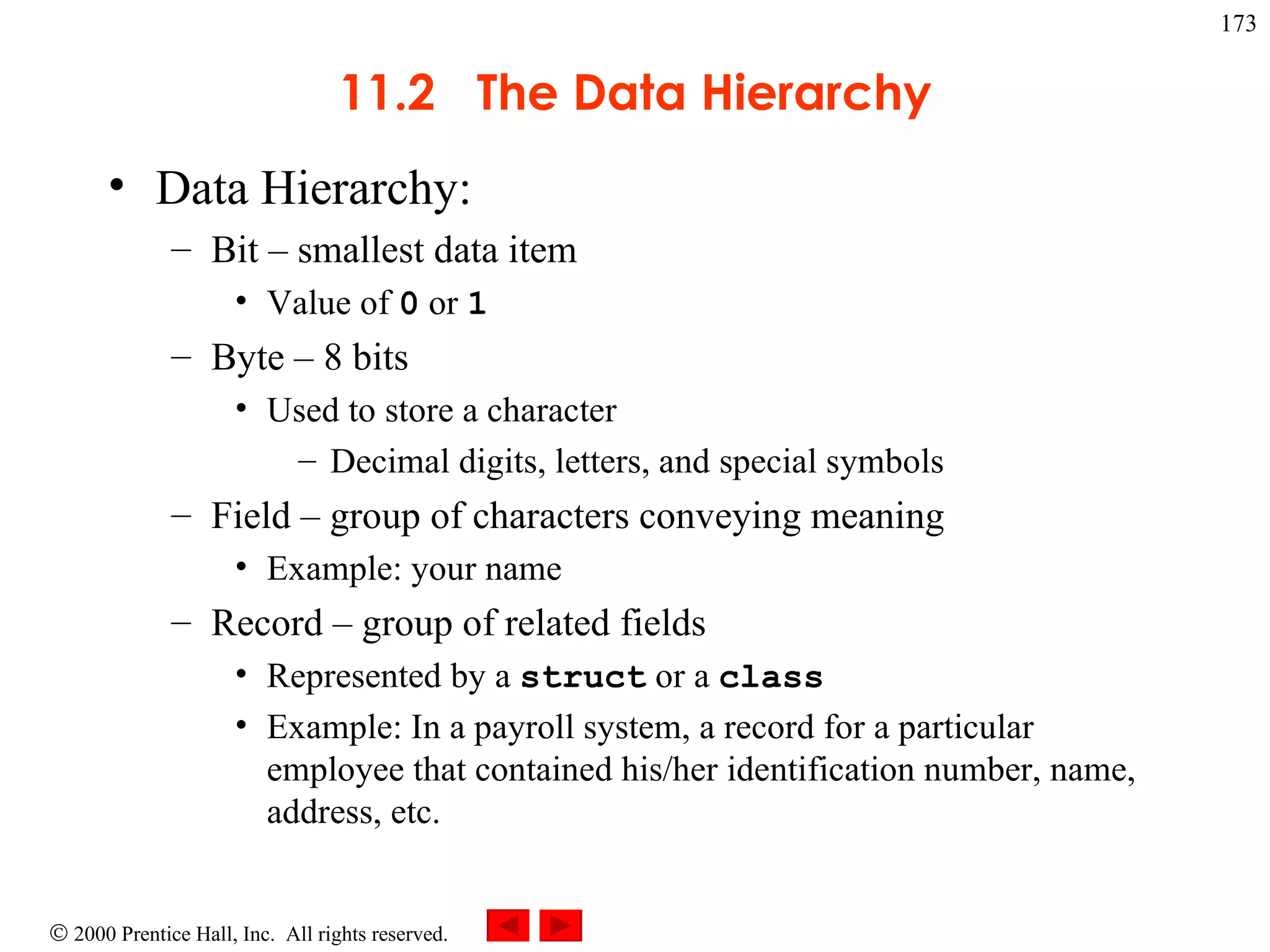 11.2  The Data Hierarchy Data Hierarchy: Bit  –  smallest data item Value of  0  or  1 Byte – 8 bits  Used to store a character Decimal digits, letters, and special symbols Field  –  group of characters conveying meaning  Example: your name Record – group of related fields Represented by a  struct  or a  class Example: In a payroll system, a record for a particular employee that contained his/her identification number, name, address, etc. 