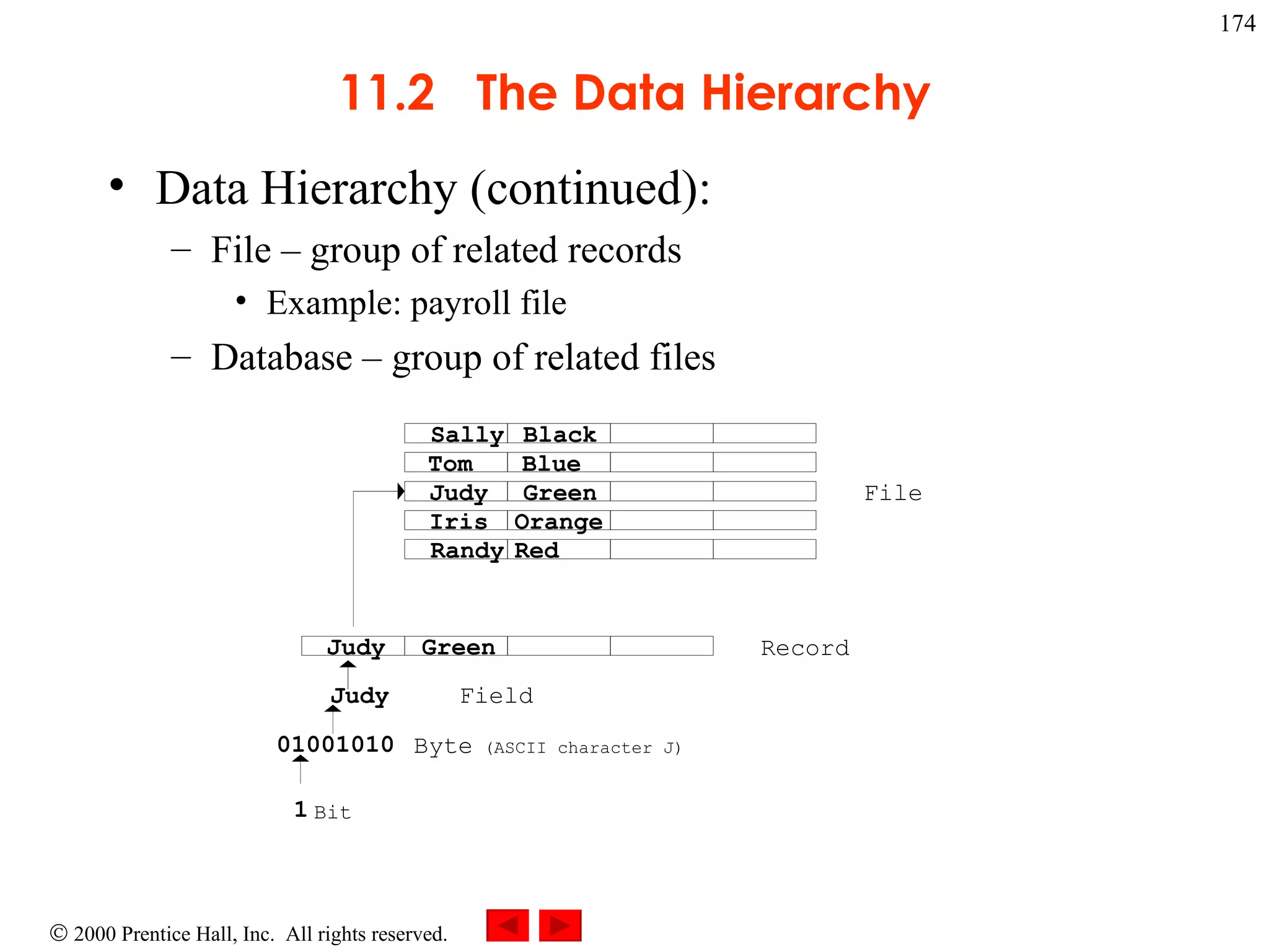 11.2  The Data Hierarchy Data Hierarchy (continued): File – group of related records Example: payroll file Database – group of related files 1 01001010 Judy Judy Green Sally Black Tom Blue Judy Green Iris Orange Randy Red File Record Field Byte  (ASCII character J) Bit 