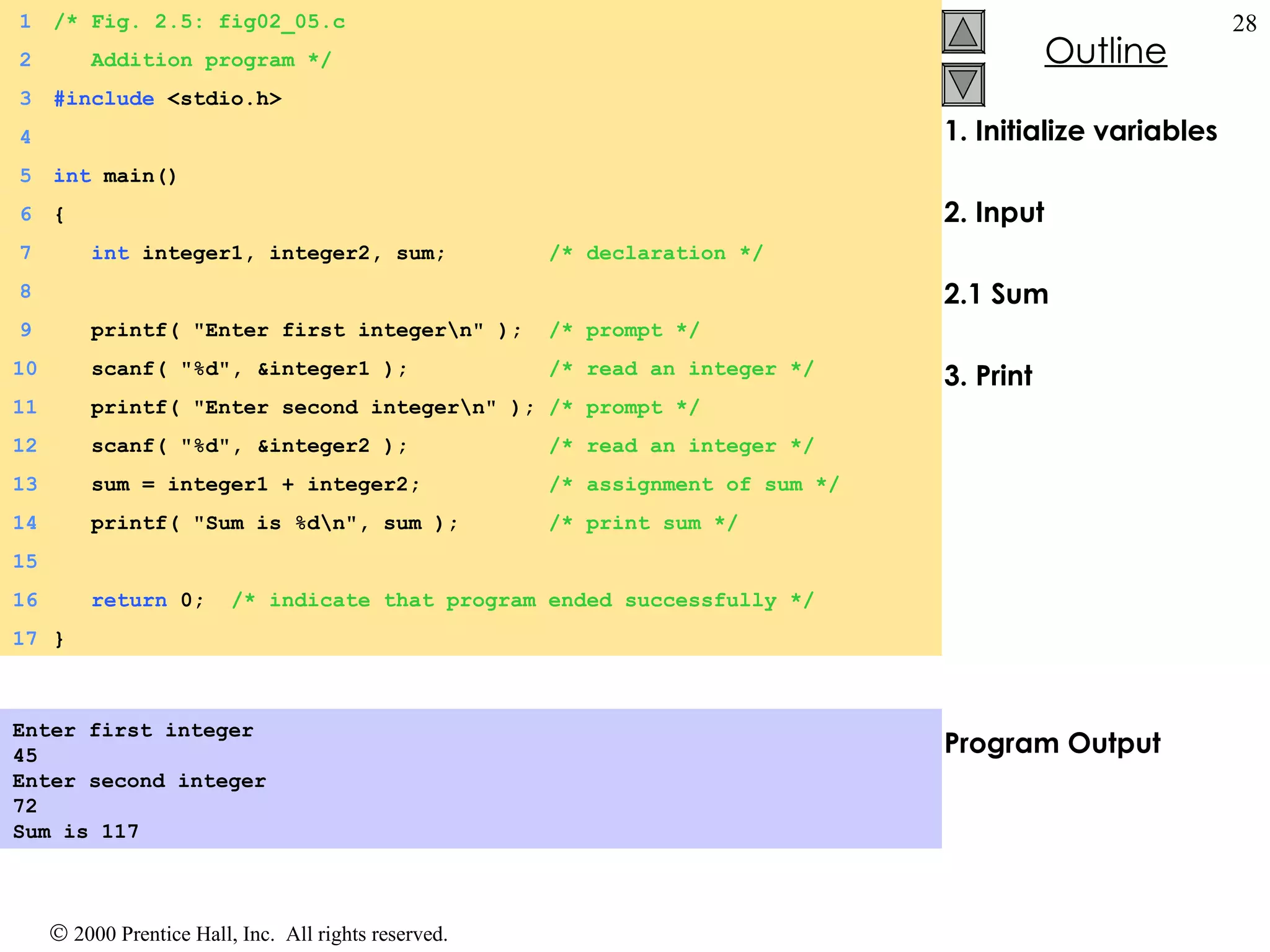 1. Initialize variables 2. Input 2.1 Sum 3. Print Program Output Enter first integer 45 Enter second integer 72 Sum is 117   1 /* Fig. 2.5: fig02_05.c 2   Addition program */ 3 #include  <stdio.h> 4 5 int  main() 6 { 7   int  integer1, integer2, sum;  /* declaration */ 8 9   printf( &quot;Enter first integer\n&quot; );  /* prompt */ 10   scanf( &quot;%d&quot;, &integer1 );  /* read an integer */ 11   printf( &quot;Enter second integer\n&quot; );  /* prompt */ 12   scanf( &quot;%d&quot;, &integer2 );  /* read an integer */ 13   sum = integer1 + integer2;  /* assignment of sum */ 14   printf( &quot;Sum is %d\n&quot;, sum );  /* print sum */ 15 16   return  0;  /* indicate that program ended successfully */ 17 } 