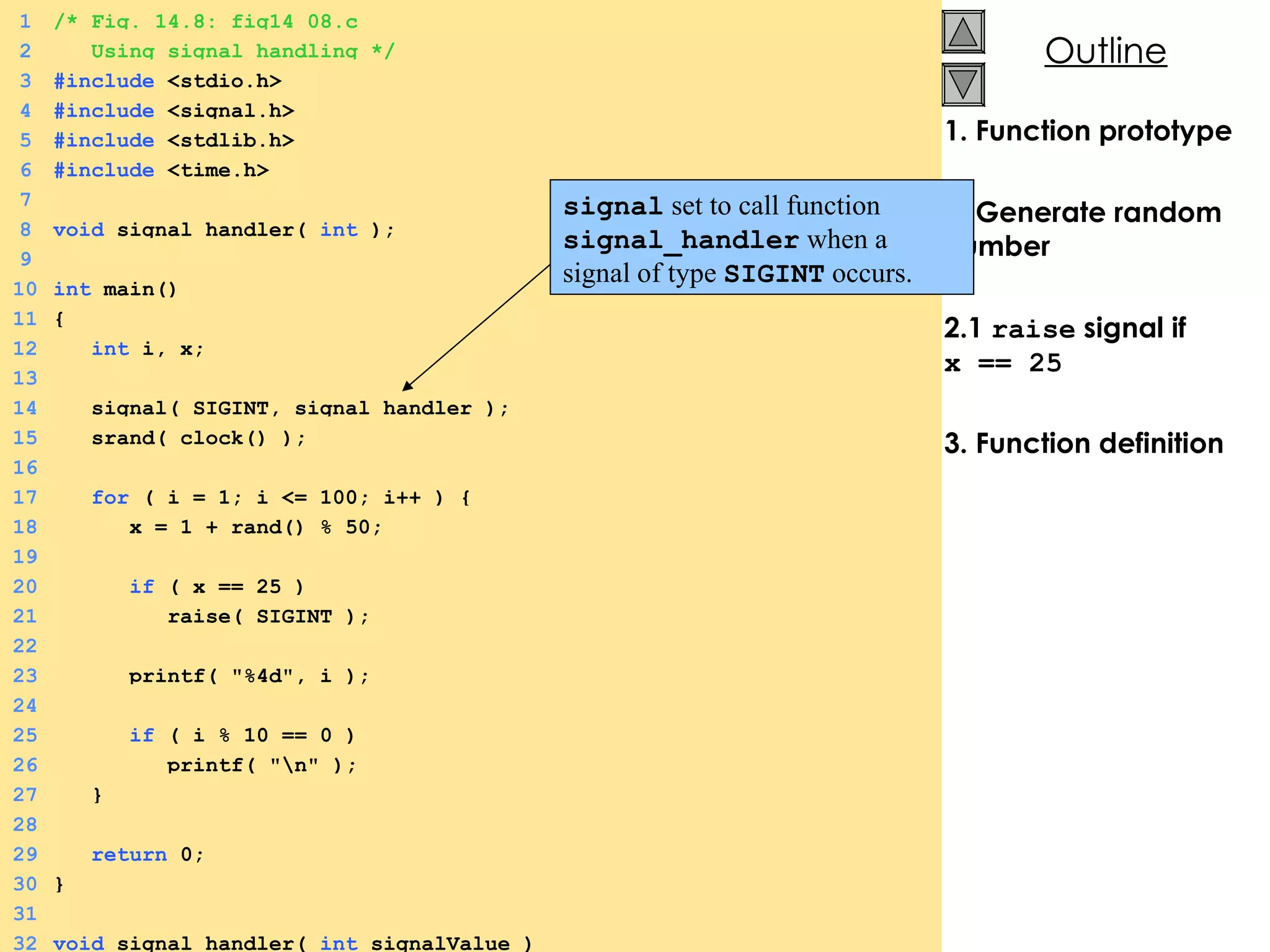 1. Function prototype 2. Generate random number 2.1  raise  signal if  x == 25 3. Function definition 1 /* Fig. 14.8: fig14_08.c 2   Using signal handling */ 3 #include  <stdio.h> 4 #include  <signal.h> 5 #include  <stdlib.h> 6 #include  <time.h> 7 8 void  signal_handler(  int  ); 9 10 int  main() 11 {  12   int  i, x; 13   14   signal( SIGINT, signal_handler ); 15   srand( clock() ); 16   17   for  ( i = 1; i <= 100; i++ ) {  18   x = 1 + rand() % 50; 19   20   if  ( x == 25 ) 21   raise( SIGINT ); 22   23   printf( &quot;%4d&quot;, i ); 24   25   if  ( i % 10 == 0 ) 26   printf( &quot;\n&quot; ); 27   } 28 29   return  0; 30 } 31 32 void  signal_handler(  int  signalValue ) signal  set to call function  signal_handler  when a signal of type  SIGINT  occurs. 