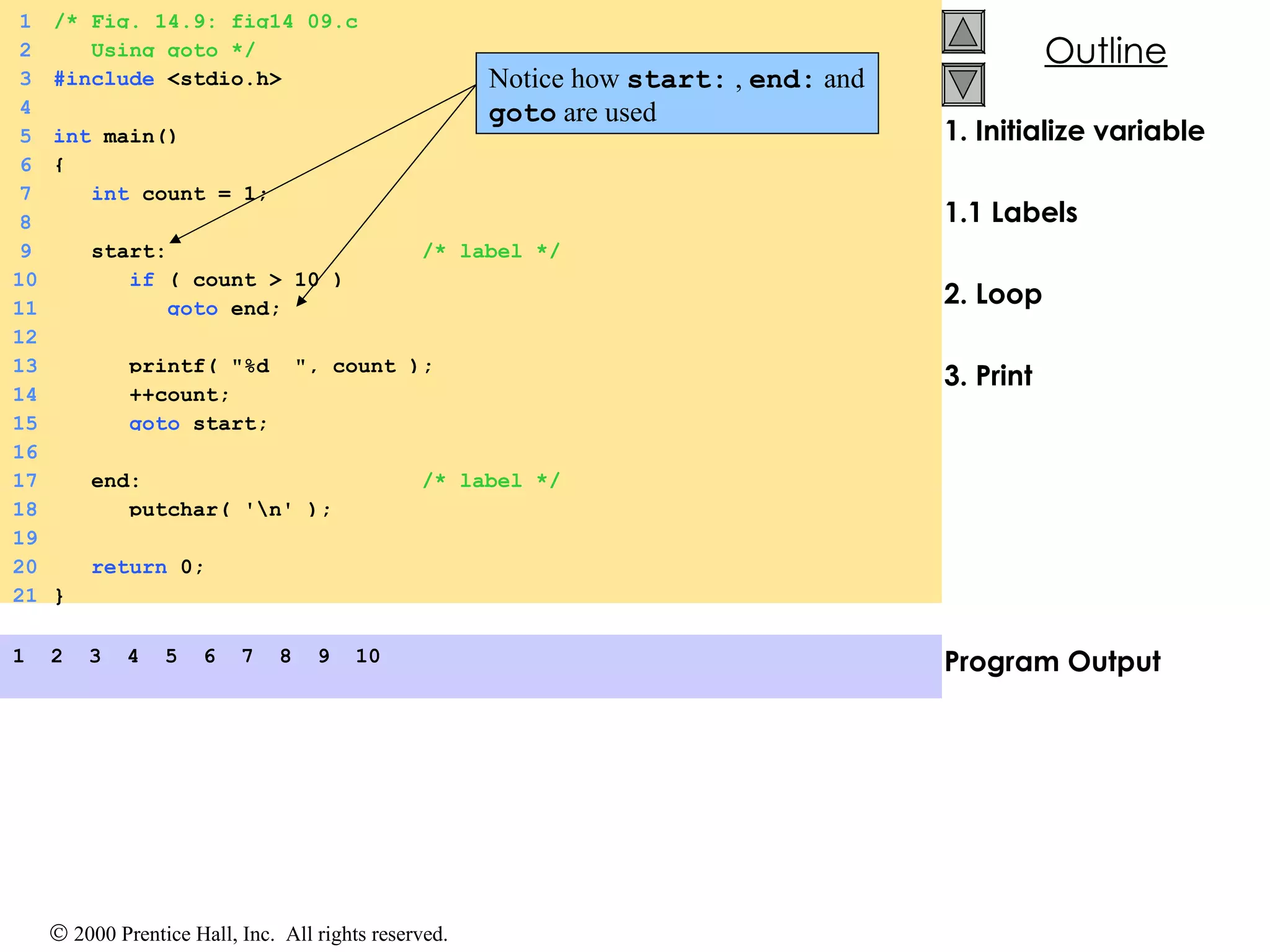 1. Initialize variable 1.1 Labels 2. Loop 3. Print Program Output 1  2  3  4  5  6  7  8  9  10 1 /* Fig. 14.9: fig14_09.c  2   Using goto */ 3 #include  <stdio.h> 4 5 int  main() 6 {  7   int  count = 1; 8 9   start:  /* label */ 10   if  ( count > 10 ) 11   goto  end; 12 13   printf( &quot;%d  &quot;, count ); 14   ++count; 15   goto  start; 16 17   end:  /* label */ 18   putchar( '\n' ); 19 20   return  0; 21 } Notice how  start:  ,  end:  and  goto  are used 