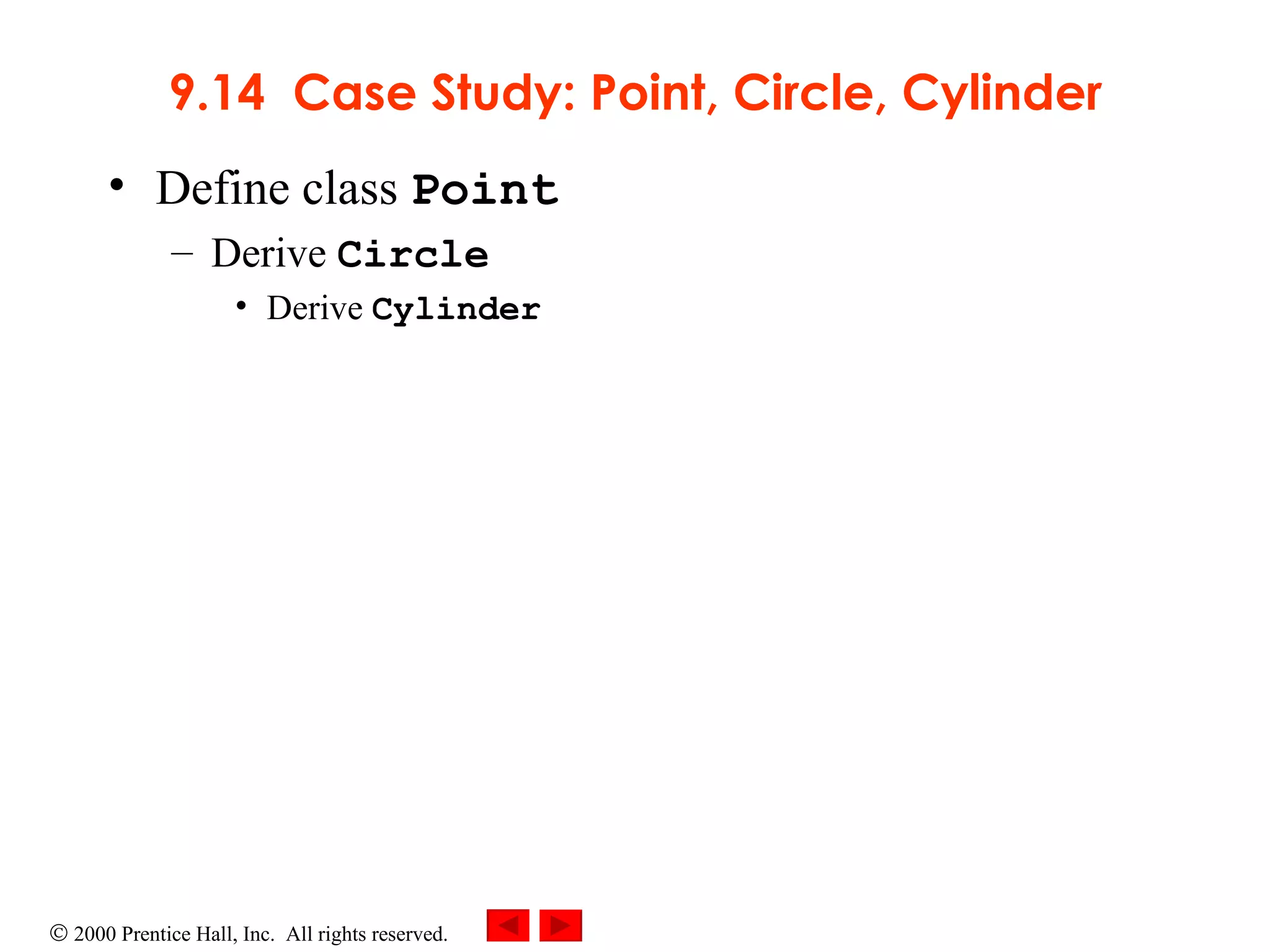 9.14  Case Study: Point, Circle, Cylinder Define class  Point Derive  Circle Derive  Cylinder 