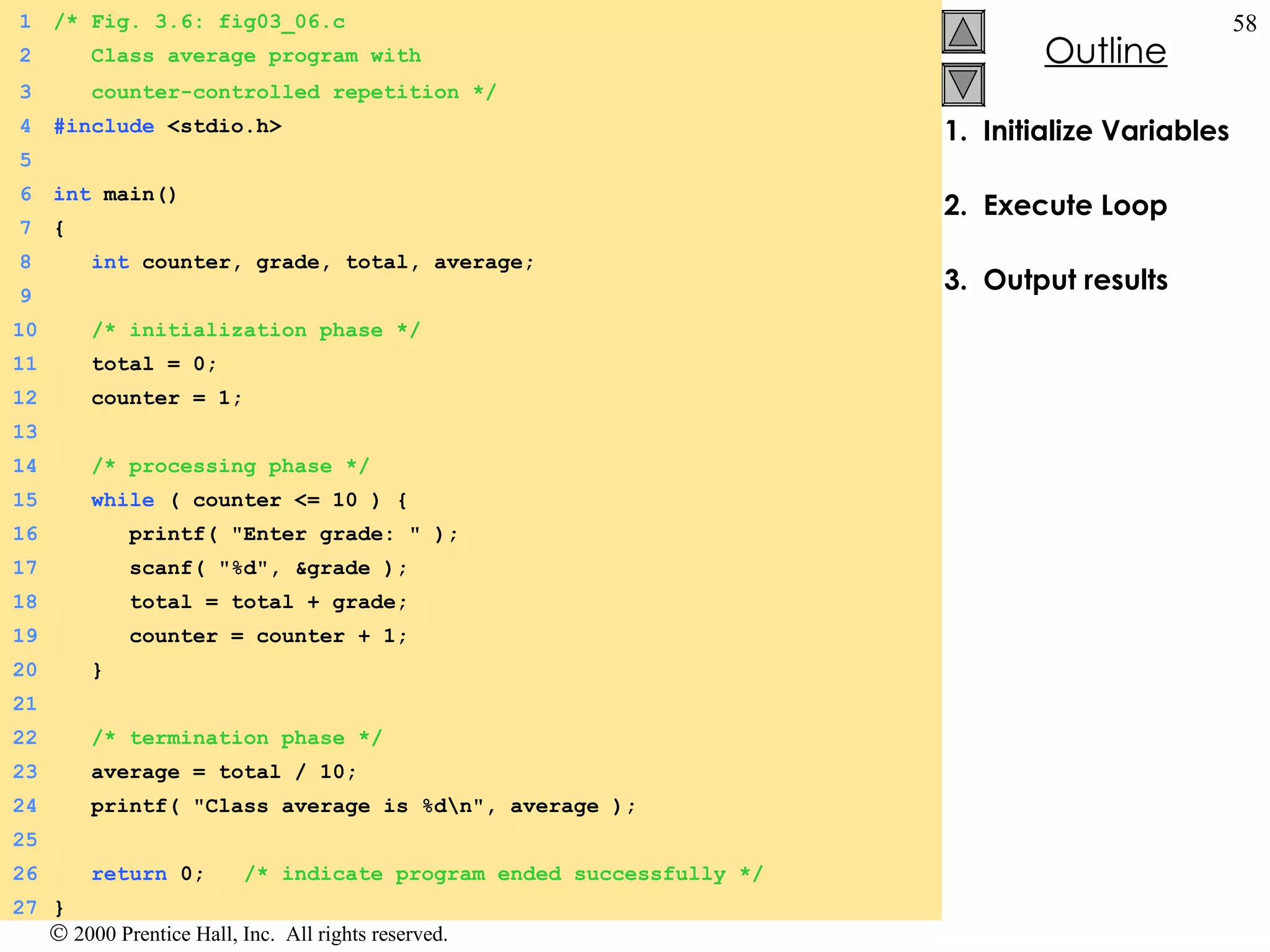 1.  Initialize Variables 2.  Execute Loop 3.  Output results 1 /* Fig. 3.6: fig03_06.c 2   Class average program with  3   counter-controlled repetition */ 4 #include  <stdio.h> 5 6 int  main() 7 { 8   int  counter, grade, total, average; 9   10   /* initialization phase */ 11   total = 0; 12   counter = 1; 13   14   /* processing phase */ 15   while  ( counter <= 10 ) { 16   printf( &quot;Enter grade: &quot; ); 17   scanf( &quot;%d&quot;, &grade ); 18   total = total + grade; 19   counter = counter + 1;  20   } 21   22   /* termination phase */ 23   average = total / 10; 24   printf( &quot;Class average is %d\n&quot;, average ); 25 26   return  0;  /* indicate program ended successfully */ 27 } 