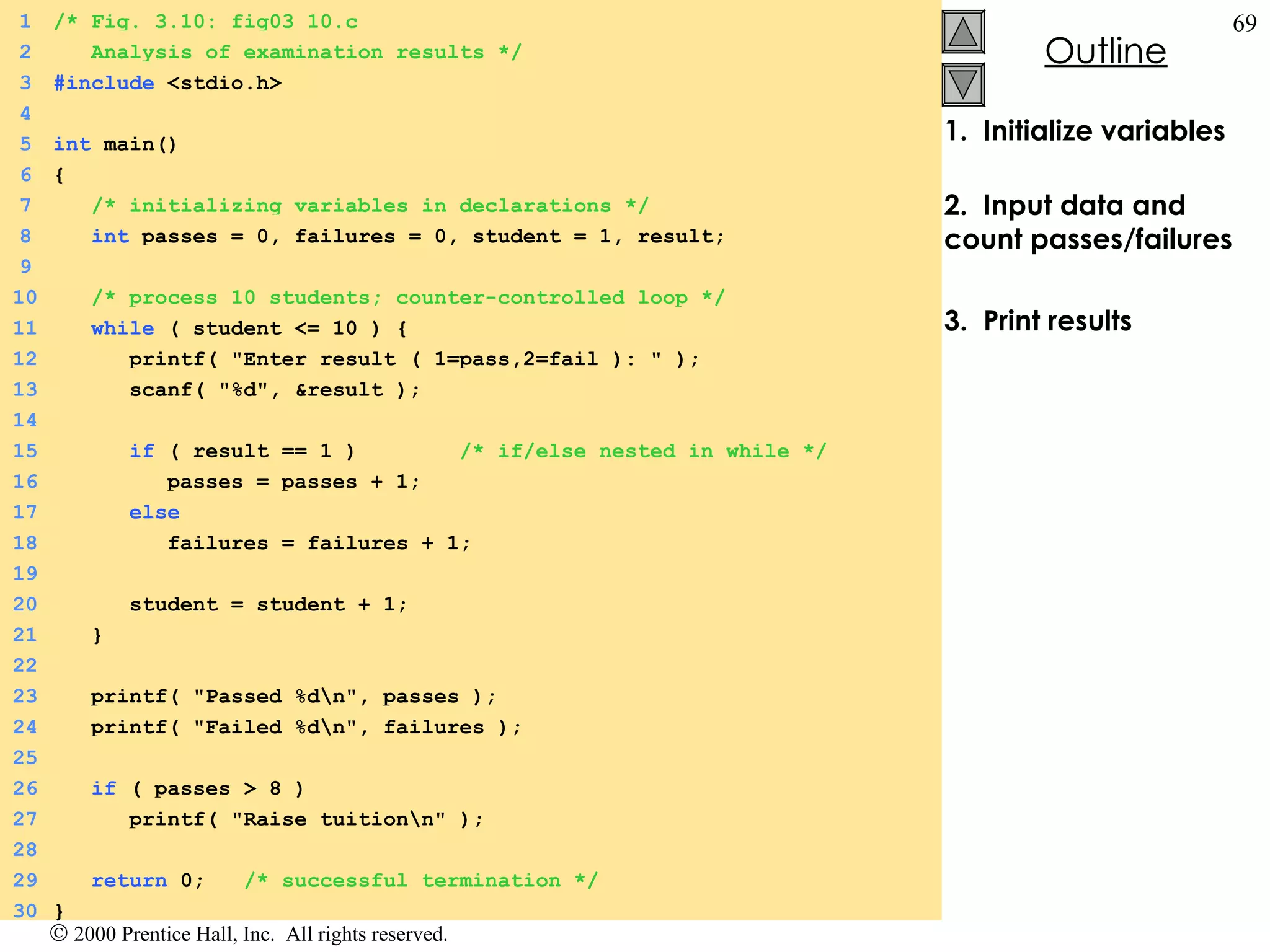 1.  Initialize variables 2.  Input data and count passes/failures 3.  Print results   1 /* Fig. 3.10: fig03_10.c 2   Analysis of examination results */ 3 #include  <stdio.h> 4 5 int  main() 6 { 7   /* initializing variables in declarations */ 8   int  passes = 0, failures = 0, student = 1, result; 9 10   /* process 10 students; counter-controlled loop */ 11   while  ( student <= 10 ) { 12   printf( &quot;Enter result ( 1=pass,2=fail ): &quot; ); 13   scanf( &quot;%d&quot;, &result ); 14 15   if  ( result == 1 )  /* if/else nested in while */ 16   passes = passes + 1; 17   else 18   failures = failures + 1; 19 20   student = student + 1; 21   } 22 23   printf( &quot;Passed %d\n&quot;, passes ); 24   printf( &quot;Failed %d\n&quot;, failures ); 25 26   if  ( passes > 8 ) 27   printf( &quot;Raise tuition\n&quot; ); 28 29   return  0;  /* successful termination */ 30 } 