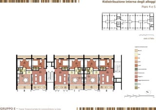 Piani 4 e 5
stato di fatto
GIÙ SUGIÙSU
0
5 m
10 m
1 m
2 m
3 m
4 m
GRUPPO E - Tiziana Trivigno|Carmela De Lorenzo|Antonio La Gioia
Ridistribuzione interna degli alloggi
 