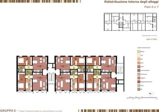 Piani 6 e 7
stato di fatto
GIÙ SUGIÙSU
0
5 m
10 m
1 m
2 m
3 m
4 m
GRUPPO E - Tiziana Trivigno|Carmela De Lorenzo|Antonio La Gioia
Ridistribuzione interna degli alloggi
 
