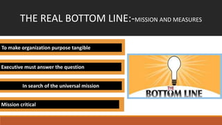 THE REAL BOTTOM LINE:-MISSION AND MEASURES
To make organization purpose tangible
Executive must answer the question
In sea...