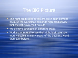 The BiG Picture The right brain skills in this era are in high demand because the workplace demands high productivity that the left brain can’t provide. We all have strengths in different areas. Workers who tend to use their right brain are now more valuable in many areas  of the business world than ever before!! 