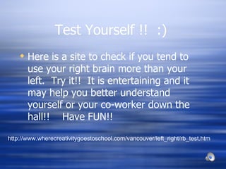 Test Yourself !!  :)  Here is a site to check if you tend to use your right brain more than your left.  Try it!!  It is entertaining and it may help you better understand yourself or your co-worker down the hall!!  Have FUN!! http://www.wherecreativitygoestoschool.com/vancouver/left_right/rb_test.htm 