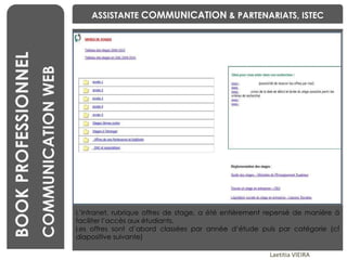 BENCHMARKING Laetitia VIEIRA BOOK PROFESSIONNEL COMMUNICATION WEB ASSISTANTE  COMMUNICATION  & PARTENARIATS, ISTEC L’intranet, rubrique offres de stage, a été entièrement repensé de manière à faciliter l’accès aux étudiants.  Les offres sont d’abord classées par année d’étude puis par catégorie (cf diapositive suivante) 