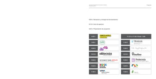 Jornada de Presentación de Proyectos Innovadores.                                         Programa
15 de abril de 2010




9:00 h. Recepción y entrega de documentación


9:15 h. Acto de apertura


9,30 h. Presentación de proyectos




      9:30 h                                             11:15 h a 11:45 h Pausa - Café



      9:45 h                                        11:45 h



      10:00 h                                       12:00 h



      10:15 h                                       12:15 h



      10:30 h                                       12:30 h



      10:45 h                                       12:45 h



      11:00 h                                       13:00 h
 