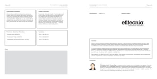 Proyecto 03                                                                              Foro de presentación de proyectos empresariales    Foro de presentación de proyectos empresariales                                                                                   Proyecto 04
                                                                                                                      15 de abril de 2010   15 de abril de 2010




   Potencialidad Competitiva:                                  Ámbito de Actividad:
                                                                                                                                            Denominación:            Eﬁtecnia, S.L.                                    Distintivo Gráﬁco:
   Esta iniciativa es totalmente innovadora y pionera en       Inicialmente, la isla de Tenerife. El recinto está situado
   España, tanto por su enfoque (técnicas de intervención)     en un enclave rural del término municipal de Güimar,
   como por la concepción del espacio terapéutico utilizado.   y se dirigirá a todos los sectores de población, con
   Su eﬁcacia está avalada por la American Psychological       énfasis especial a aquellos segmentos que por sus
   Association (APA). Se pretende que sea un centro de ref-    características particulares se consideran población
   erencia a nivel nacional, así como crear, en una segunda    de riesgo y puedan verse beneﬁciados, en mayor me-
   fase, una Asociación que regule este tipo de actividades.   dida, por nuestros servicios: profesionales sanitarios,
                                                               educativos, de emergencias, seguridad,…; enfermos
                                                               crónicos; Víctimas de violencia de género;…




   Previsiones Económico Financieras:                          Resultados:

   - Inversión inicial: 280.000 €                              - Año 1: 156.168,73 €

   - Financiación Propia: 160.000 €                            - Año 2: 218.632,52 €

   - Necesidades de Financiación Ajena: 120.000 €              - Año 3: 327.948,56 €
                                                                                                                                                 Actividad:

                                                                                                                                                 Eﬁtecnia es una consultoría energética especializada en maximizar el aprovechamiento energético mediante una eﬁcaz reing-
                                                                                                                                                 eniería de procesos, teniendo en cuenta sistemas alternativos de generación de energía, así como los recursos disponibles,
                                                                                                                                                 cuantiﬁcándose a priori los beneﬁcios económicos, sociales y medioambientales derivados del aprovechamiento.

                                                                                                                                                 En nuevos proyectos, se asesora sobre la conveniencia del uso de la energía solar y una buena gestión del aprovechamiento
Notas:                                                                                                                                           energético, buscando la ubicación ideal de los sistemas, dimensionado de los mismos, tecnología utilizada, etc. y, al mismo
                                                                                                                                                 tiempo, se elaboran los estudios de viabilidad técnica y económica que correspondan (desarrollo de mapas solares, estudios de
                                                                                                                                                 potencial solar, simulaciones de la instalación a diseñar, etc.).

                                                                                                                                                 Adicionalmente, se ofertan servicios de gran valor añadido, como gestión de subvenciones, mantenimiento de las instalaciones,
                                                                                                                                                 solución de incidencias y averías e implantación de sistemas de calidad.



                                                                                                                                            Promotores:



                                                                                                                                                                         Christian León Torrecillas es Ingeniero Químico Superior por la Universidad de La Laguna y Consultor
                                                                                                                                                                         de proyectos I+D+i. Actualmente desarrolla un proyecto sobre eﬁciencia energética en la reﬁnería CEPSA de
                                                                                                                                                                         Santa Cruz de Tenerife, utilizando para ello la metodología pinch, orientada a la optimización de la recuperación
                                                                                                                                                                         energética en un proceso químico industrial. Además, también cuenta con formación en análisis de puntos críti-
                                                                                                                                                                         cos en el diseño de instalaciones energéticas en ese campo (ISO 22000).
 