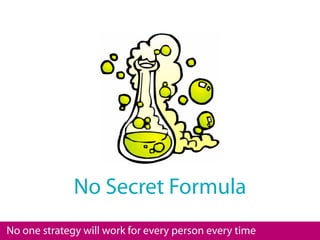 No Secret Formula
No one strategy will work for every person every time
 