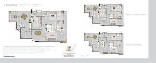 3 Quartos Colunas 1 e 12: 1º Pavimento | Área Privativa: 119,61 m2
Colunas 6 e 7: 1º Pavimento | Área Privativa: 119,32 m2
Opção cozinha americana
Opção sala ampliada
1- A decoração, mobiliário, acessórios, divisórias e equipamentos são meras sugestões ilustrativas e não farão parte da unidade autônoma.
2- Os revestimentos internos das unidades serão executados conforme previsto no Memorial Descritivo.
3- As cotas foram definidas pelos limites das paredes internas, podendo variar no decorrer da obra por necessidades técnicas.
4- Os projetos de estrutura e instalações poderão ser revisados por necessidades técnicas e exigências legais.
5- A planta poderá sofrer variações decorrentes de necessidades técnicas e do atendimento a posturas municipais e concessionárias públicas.
6- A área privativa contempla a espessura das paredes internas em eixo e das paredes externas em sua totalidade.
7- O ar condicionado poderá ser tipo bi-split. A sua localização poderá ser alterada por necessidades técnicas.
8- As medidas poderão sofrer variação não superior a 5%, conforme Legislação vigente.
78 79
 