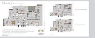 73
3 Quartos Colunas 3 e 4: 1º Pavimento - Área Privativa: 124,20 m2
Colunas 9 e 10: 1º Pavimento - Área Privativa: 131,48 m2
3 Quartos
74
Opção cozinha americana
Opção sala ampliada
1- A decoração, mobiliário, acessórios, divisórias e equipamentos são meras sugestões ilustrativas e não farão parte da unidade autônoma.
2- Os revestimentos internos das unidades serão executados conforme previsto no Memorial Descritivo.
3- As cotas foram definidas pelos limites das paredes internas, podendo variar no decorrer da obra por necessidades técnicas.
4- Os projetos de estrutura e instalações poderão ser revisados por necessidades técnicas e exigências legais.
5- A planta poderá sofrer variações decorrentes de necessidades técnicas e do atendimento a posturas municipais e concessionárias públicas.
6- A área privativa contempla a espessura das paredes internas em eixo e das paredes externas em sua totalidade.
7- O ar condicionado poderá ser tipo bi-split. A sua localização poderá ser alterada por necessidades técnicas.
8- As medidas poderão sofrer variação não superior a 5%, conforme Legislação vigente.
81
 