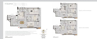 3 Quartos
Coluna 1: 2º ao 6º Pavimento - Área Privativa: 101,61 m2
Coluna 6: 2º ao 6º Pavimento - Área Privativa: 101,32 m2
Coluna 7: 2º ao 7º Pavimento - Área Privativa: 101,32 m2
Coluna 12: 2º ao 7º Pavimento - Área Privativa: 101,61 m2
Opção cozinha americana
Opção sala ampliada
1- A decoração, mobiliário, acessórios, divisórias e equipamentos são meras sugestões ilustrativas e não farão parte da unidade autônoma.
2- Os revestimentos internos das unidades serão executados conforme previsto no Memorial Descritivo.
3- As cotas foram definidas pelos limites das paredes internas, podendo variar no decorrer da obra por necessidades técnicas.
4- Os projetos de estrutura e instalações poderão ser revisados por necessidades técnicas e exigências legais.
5- A planta poderá sofrer variações decorrentes de necessidades técnicas e do atendimento a posturas municipais e concessionárias públicas.
6- A área privativa contempla a espessura das paredes internas em eixo e das paredes externas em sua totalidade.
7- O ar condicionado poderá ser tipo bi-split. A sua localização poderá ser alterada por necessidades técnicas.
8- As medidas poderão sofrer variação não superior a 5%, conforme Legislação vigente.
82
 