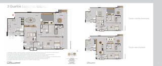 79
3 Quartos Coluna 3 e 4: 2º ao 6º Pavimento - Área Privativa: 106,20 m2
Coluna 9 e 10: 2º ao 7º Pavimento - Área Privativa: 113,48 m2
80
Opção cozinha americana
Opção sala ampliada
1- A decoração, mobiliário, acessórios, divisórias e equipamentos são meras sugestões ilustrativas e não farão parte da unidade autônoma.
2- Os revestimentos internos das unidades serão executados conforme previsto no Memorial Descritivo.
3- As cotas foram definidas pelos limites das paredes internas, podendo variar no decorrer da obra por necessidades técnicas.
4- Os projetos de estrutura e instalações poderão ser revisados por necessidades técnicas e exigências legais.
5- A planta poderá sofrer variações decorrentes de necessidades técnicas e do atendimento a posturas municipais e concessionárias públicas.
6- A área privativa contempla a espessura das paredes internas em eixo e das paredes externas em sua totalidade.
7- O ar condicionado poderá ser tipo bi-split. A sua localização poderá ser alterada por necessidades técnicas.
8- As medidas poderão sofrer variação não superior a 5%, conforme Legislação vigente.
87
 
