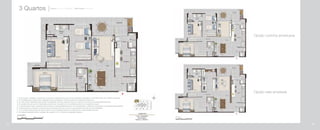 3 Quartos Coluna 11: 1º ao 7º Pavimento - Área Privativa: 107,40 m2
Opção cozinha americana
Opção sala ampliada
1- A decoração, mobiliário, acessórios, divisórias e equipamentos são meras sugestões ilustrativas e não farão parte da unidade autônoma.
2- Os revestimentos internos das unidades serão executados conforme previsto no Memorial Descritivo.
3- As cotas foram definidas pelos limites das paredes internas, podendo variar no decorrer da obra por necessidades técnicas.
4- Os projetos de estrutura e instalações poderão ser revisados por necessidades técnicas e exigências legais.
5- A planta poderá sofrer variações decorrentes de necessidades técnicas e do atendimento a posturas municipais e concessionárias públicas.
6- A área privativa contempla a espessura das paredes internas em eixo e das paredes externas em sua totalidade.
7- O ar condicionado poderá ser tipo bi-split. A sua localização poderá ser alterada por necessidades técnicas.
8- As medidas poderão sofrer variação não superior a 5%, conforme Legislação vigente.
88 89
 