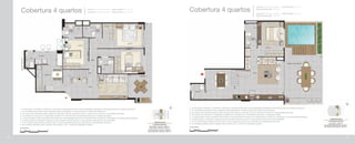 Cobertura 4 quartos Coluna 1: Pavimento inferior - Área Privativa: 101,61 m2
Coluna 6: Pavimento inferior - Área Privativa: 101,32 m2 Cobertura 4 quartos
Coluna 1: Pavimento superior - Área Privativa: 92,45 m2
Área privativa total: 194,06 m2
Coluna 6: Pavimento superior - Área Privativa: 92,45 m2
Área privativa total: 193,77 m2
1- A decoração, mobiliário, acessórios, divisórias e equipamentos são meras sugestões ilustrativas e não farão parte da unidade autônoma.
2- Os revestimentos internos das unidades serão executados conforme previsto no Memorial Descritivo.
3- As cotas foram definidas pelos limites das paredes internas, podendo variar no decorrer da obra por necessidades técnicas.
4- Os projetos de estrutura e instalações poderão ser revisados por necessidades técnicas e exigências legais.
5- A planta poderá sofrer variações decorrentes de necessidades técnicas e do atendimento a posturas municipais e concessionárias públicas.
6- A área privativa contempla a espessura das paredes internas em eixo e das paredes externas em sua totalidade.
7- O ar condicionado poderá ser tipo bi-split. A sua localização poderá ser alterada por necessidades técnicas.
8- As medidas poderão sofrer variação não superior a 5%, conforme Legislação vigente.
1- A decoração, mobiliário, acessórios, divisórias e equipamentos são meras sugestões ilustrativas e não farão parte da unidade autônoma.
2- Os revestimentos internos das unidades serão executados conforme previsto no Memorial Descritivo.
3- As cotas foram definidas pelos limites das paredes internas, podendo variar no decorrer da obra por necessidades técnicas.
4- Os projetos de estrutura e instalações poderão ser revisados por necessidades técnicas e exigências legais.
5- A planta poderá sofrer variações decorrentes de necessidades técnicas e do atendimento a posturas municipais e concessionárias públicas.
6- A área privativa contempla a espessura das paredes internas em eixo e das paredes externas em sua totalidade.
7- O ar condicionado poderá ser tipo bi-split. A sua localização poderá ser alterada por necessidades técnicas.
8- As medidas poderão sofrer variação não superior a 5%, conforme Legislação vigente.
90 91
 