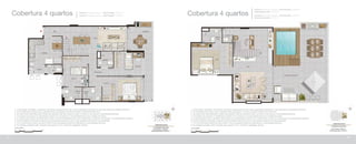 Cobertura 4 quartos
Coluna 3: Pavimento superior - Área Privativa: 109,53 m2
Área privativa total: 215,73 m2
Coluna 4: Pavimento superior - Área Privativa: 109,53 m2
Área privativa total: 215,73 m2
Cobertura 4 quartos Coluna 3: Pavimento inferior - Área Privativa: 106,20 m2
Coluna 4: Pavimento inferior - Área Privativa: 106,20 m2
1- A decoração, mobiliário, acessórios, divisórias e equipamentos são meras sugestões ilustrativas e não farão parte da unidade autônoma.
2- Os revestimentos internos das unidades serão executados conforme previsto no Memorial Descritivo.
3- As cotas foram definidas pelos limites das paredes internas, podendo variar no decorrer da obra por necessidades técnicas.
4- Os projetos de estrutura e instalações poderão ser revisados por necessidades técnicas e exigências legais.
5- A planta poderá sofrer variações decorrentes de necessidades técnicas e do atendimento a posturas municipais e concessionárias públicas.
6- A área privativa contempla a espessura das paredes internas em eixo e das paredes externas em sua totalidade.
7- O ar condicionado poderá ser tipo bi-split. A sua localização poderá ser alterada por necessidades técnicas.
8- As medidas poderão sofrer variação não superior a 5%, conforme Legislação vigente.
1- A decoração, mobiliário, acessórios, divisórias e equipamentos são meras sugestões ilustrativas e não farão parte da unidade autônoma.
2- Os revestimentos internos das unidades serão executados conforme previsto no Memorial Descritivo.
3- As cotas foram definidas pelos limites das paredes internas, podendo variar no decorrer da obra por necessidades técnicas.
4- Os projetos de estrutura e instalações poderão ser revisados por necessidades técnicas e exigências legais.
5- A planta poderá sofrer variações decorrentes de necessidades técnicas e do atendimento a posturas municipais e concessionárias públicas.
6- A área privativa contempla a espessura das paredes internas em eixo e das paredes externas em sua totalidade.
7- O ar condicionado poderá ser tipo bi-split. A sua localização poderá ser alterada por necessidades técnicas.
8- As medidas poderão sofrer variação não superior a 5%, conforme Legislação vigente.
92 93
 