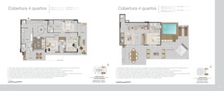 1- A decoração, mobiliário, acessórios, divisórias e equipamentos são meras sugestões ilustrativas e não farão parte da unidade autônoma.
2- Os revestimentos internos das unidades serão executados conforme previsto no Memorial Descritivo.
3- As cotas foram definidas pelos limites das paredes internas, podendo variar no decorrer da obra por necessidades técnicas.
4- Os projetos de estrutura e instalações poderão ser revisados por necessidades técnicas e exigências legais.
5- A planta poderá sofrer variações decorrentes de necessidades técnicas e do atendimento a posturas municipais e concessionárias públicas.
6- A área privativa contempla a espessura das paredes internas em eixo e das paredes externas em sua totalidade.
7- O ar condicionado poderá ser tipo bi-split. A sua localização poderá ser alterada por necessidades técnicas.
8- As medidas poderão sofrer variação não superior a 5%, conforme Legislação vigente.
Cobertura 4 quartos
Coluna 2: Pavimento superior - Área Privativa: 117,79 m2
Área privativa total: 234,50 m2
Coluna 5: Pavimento superior - Área Privativa: 117,79 m2
Área privativa total: 234,50 m2
Cobertura 4 quartos Coluna 2: Pavimento inferior - Área Privativa: 116,71 m2
Coluna 5: Pavimento inferior - Área Privativa: 116,71 m2
1- A decoração, mobiliário, acessórios, divisórias e equipamentos são meras sugestões ilustrativas e não farão parte da unidade autônoma.
2- Os revestimentos internos das unidades serão executados conforme previsto no Memorial Descritivo.
3- As cotas foram definidas pelos limites das paredes internas, podendo variar no decorrer da obra por necessidades técnicas.
4- Os projetos de estrutura e instalações poderão ser revisados por necessidades técnicas e exigências legais.
5- A planta poderá sofrer variações decorrentes de necessidades técnicas e do atendimento a posturas municipais e concessionárias públicas.
6- A área privativa contempla a espessura das paredes internas em eixo e das paredes externas em sua totalidade.
7- O ar condicionado poderá ser tipo bi-split. A sua localização poderá ser alterada por necessidades técnicas.
8- As medidas poderão sofrer variação não superior a 5%, conforme Legislação vigente.
94 95
 