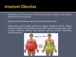  Obesitas gynoid (bentuk pir) distribusi lemak ke bagian tubuh bawah
(daerah femur dan gluteal)
 Obesitas android (bentuk apel) lemak ketengah tubuh.
 Kegemukan gynoid pada prinsipnya adalah simpanan lemak. Makna
klinisnya adalah wanita dengan gynoid lebih kecil kecenderungan untuk
menjadi diabetes mellitus dan penyakit jantung koroner dibanding
obesitas android.
 