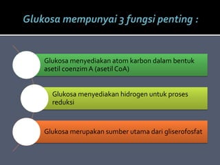 Glukosa menyediakan atom karbon dalam bentuk
asetil coenzimA (asetil CoA)
Glukosa menyediakan hidrogen untuk proses
reduksi
Glukosa merupakan sumber utama dari gliserofosfat
 