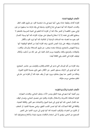 ‫العامة‬ ‫الوظيفية‬ ‫األهداف‬
:
‫العقل‬ ‫تثقيف‬ ‫يق‬‫ر‬‫ط‬ ‫عن‬ ‫الفرد‬ ‫شخصية‬ ‫بناء‬ ‫في‬ ‫تسهم‬ ‫أنها‬ :‫وهي‬ ،‫عامة‬ ‫وظيفية‬ ‫أهداف‬ ‫اءة‬
‫ر‬‫للق‬
‫ن‬‫لو‬ ‫من‬ ‫يستهويه‬ ‫مما‬ ‫اغه‬
‫ر‬‫ف‬ ‫وقت‬ ‫في‬ ‫وتسليته‬ ،‫ئ‬
‫القار‬ ‫إمتاع‬ ‫في‬ ‫تسهم‬ ‫أنها‬ ‫كما‬ ،‫فة‬‫ر‬‫المع‬ ‫اكتساب‬‫و‬
،‫معين‬ ‫ائي‬
‫ر‬‫ق‬
‫ال‬ ‫فالمتعلم‬ ،‫المدرسية‬ ‫الحياة‬ ‫في‬ ‫التعليم‬ ‫أداة‬ ‫اءة‬
‫ر‬‫الق‬ ‫أن‬ ‫كما‬ ، ً
‫مثال‬ ‫الشعر‬ ‫أو‬ ‫كالقصة‬
‫التصال‬ ‫وسيلة‬ ‫أنها‬ ‫كما‬ ،‫اءة‬
‫ر‬‫الق‬ ‫ات‬
‫ر‬‫مها‬ ‫على‬ ‫ة‬
‫ر‬‫السيط‬ ‫استطاع‬ ‫إذا‬ ‫إال‬ ‫تعلمه‬ ‫في‬ ‫التقدم‬ ‫يستطيع‬
‫باألفكار‬ ‫الفرد‬ ‫تزود‬ ‫أنها‬ ‫كما‬ ،‫المكانية‬ ‫أو‬ ‫الزمانية‬ ‫المسافات‬ ‫عنه‬ ‫تفصله‬ ‫مما‬ ‫ه‬
‫ر‬‫بغي‬ ‫الفرد‬
‫أنها‬ :‫الوظيفية‬ ‫أهدافها‬ ‫من‬ ‫ا‬ ً
‫أيض‬ ‫اءة‬
‫ر‬‫الق‬ ‫وتعد‬ ،‫ي‬
‫البشر‬ ‫الجنس‬ ‫اث‬
‫ر‬‫ت‬ ‫على‬ ‫وتوقفه‬ ،‫المعلومات‬‫و‬
،‫الكتب‬‫و‬ ،‫الرسائل‬‫و‬ ،‫الصحافة‬ ‫يق‬‫ر‬‫ط‬ ‫عن‬ ،‫ببعض‬ ‫بعضه‬ ‫تباطه‬‫ر‬‫ا‬‫و‬ ،‫بالمجتمع‬ ‫للنهوض‬ ‫وسيلة‬
‫أشكال‬‫و‬ ،‫أساليب‬ ‫من‬ ‫ذلك‬ ‫غير‬ ‫إلى‬ ،‫العليا‬ ‫المثل‬ ‫ورسم‬ ،‫التوجيه‬‫و‬ ،‫النقد‬‫و‬ ،‫اجع‬
‫ر‬‫الم‬‫و‬ ،‫المؤلفات‬‫و‬
‫تو‬
‫ا‬ ً
‫أيض‬ ‫الثقافة‬ ‫وفي‬ ،‫التعلم‬ ‫في‬ ‫اءة‬
‫ر‬‫الق‬ ‫ظيف‬
.
،‫المجتمع‬ ‫عناصر‬ ‫بين‬ ‫اصل‬‫و‬‫الت‬‫و‬ ‫التقارب‬‫و‬ ‫التفاهم‬ ‫إلى‬ ‫تدعو‬ ‫التي‬ ‫الوسائل‬ ‫أهم‬ ‫من‬ ‫اءة‬
‫ر‬‫الق‬ ‫وتعد‬
،‫اللغوية‬ ‫ئ‬
‫القار‬ ‫حصيلة‬ ‫ي‬
‫تثر‬ ‫فهي‬ ،‫األفكار‬ ‫عن‬ ‫التعبير‬ ‫بمستوى‬ ‫تقاء‬‫ر‬‫اال‬ ‫إلى‬ ‫تؤدي‬ ‫أنها‬ ‫كما‬
‫يد‬‫ر‬‫وي‬ ،‫ه‬
‫ر‬‫بخاط‬ ‫يجول‬ ‫عما‬ ‫التعبير‬ ‫من‬ ‫وتمكنه‬
‫في‬ ‫هام‬ ‫دور‬ ‫اءة‬
‫ر‬‫للق‬ ‫أن‬ ‫كما‬ ،‫عليه‬ ‫يقف‬ ‫أن‬ ‫ه‬
‫ر‬‫غي‬
‫سلوكه‬ ‫ورسم‬ ،‫مجتمعي‬ ‫تنظيم‬
.
‫اءة‬
‫ر‬‫للق‬ ‫األساسية‬‫و‬ ‫الخاصة‬ ‫األهداف‬
:
‫ات‬
‫ر‬‫المها‬ ‫اكتساب‬‫و‬ ،‫المعاني‬ ‫وتمثيل‬ ،‫األداء‬ ‫وحسن‬ ‫النطق‬ ‫جودة‬ ‫في‬ ‫تسهم‬ ‫أنها‬ :‫أهمها‬ ‫ومن‬
‫الوقف‬ ‫إحسان‬‫و‬ ،‫المعاني‬ ‫تحصيل‬ ‫على‬ ‫ة‬
‫ر‬‫القد‬‫و‬ ،‫اءة‬
‫ر‬‫بالق‬ ‫االستقالل‬‫و‬ ،‫عة‬
‫كالسر‬ ،‫المختلفة‬ ‫ائية‬
‫ر‬‫الق‬
‫العلم‬ ‫الثقافة‬‫و‬ ‫التنور‬ ‫نحو‬ ‫االتجاهات‬‫و‬ ‫الميول‬ ‫تنمية‬ ‫إلى‬ ‫تؤدي‬ ‫أنها‬ ‫كما‬ ،‫المعنى‬ ‫اكتمال‬ ‫عند‬
،‫ية‬
،‫المتعلم‬ ‫أو‬ ،‫التلميذ‬ ‫حصيلة‬ ‫وتنمي‬ ،‫اللغوي‬ ‫الكسب‬ ‫تحسن‬ ‫أنها‬ ‫كما‬ ،‫المجاالت‬ ‫كافة‬ ‫في‬ ‫الثقافة‬‫و‬
‫التعبير‬ ‫على‬ ‫التلميذ‬ ‫يب‬‫ر‬‫تد‬ ‫إلى‬ ‫تؤدي‬ ‫أنها‬ ‫كما‬ ،‫الجديدة‬ ‫اكيب‬
‫ر‬‫الت‬‫و‬ ‫المفردات‬ ‫من‬ ‫ئ‬
‫القار‬ ‫أو‬
‫بمحتوي‬ ‫االنتفاع‬‫و‬ ،‫سليمة‬ ‫ة‬
‫ر‬‫بصو‬ ‫المكتبات‬ ‫استخدام‬ ‫إلى‬ ‫ا‬ً
‫ذ‬‫إ‬ ‫وتؤدي‬ ،‫المعنى‬ ‫عن‬ ‫الصحيح‬
‫كما‬ ،‫اتها‬
 
