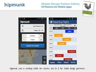 hipmunk                          Mobile Design Pattern Gallery
                                 UI Patterns for Mobile Apps




 Hipmunk uses a scrolling table for results, see ch 3 for table design patterns
 
