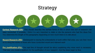 Strategy
Earliest Research (ER): This should describe the earliest forms of this in which this sort of research has
been conducted. If possible, I think it is very important to state or cite the persons who had the ideas first.
You determine the length of the paragraphs depending on how much there is to talk about.
Recent Research (RR): Subsequent to tracing the antecedents of work within that area, you can then move
on to citing the works of those who have conducted recent and relevant work
Pre Justification (PJ): The next line of thought should be about explaining why more work is necessary.
That way, you create a platform for the justification of your research. And the ideas begin to flow.
 