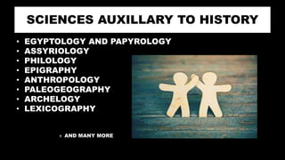 SCIENCES AUXILLARY TO HISTORY
• EGYPTOLOGY AND PAPYROLOGY
• ASSYRIOLOGY
• PHILOLOGY
• EPIGRAPHY
• ANTHROPOLOGY
• PALEOGEOGRAPHY
• ARCHELOGY
• LEXICOGRAPHY
» AND MANY MORE
 