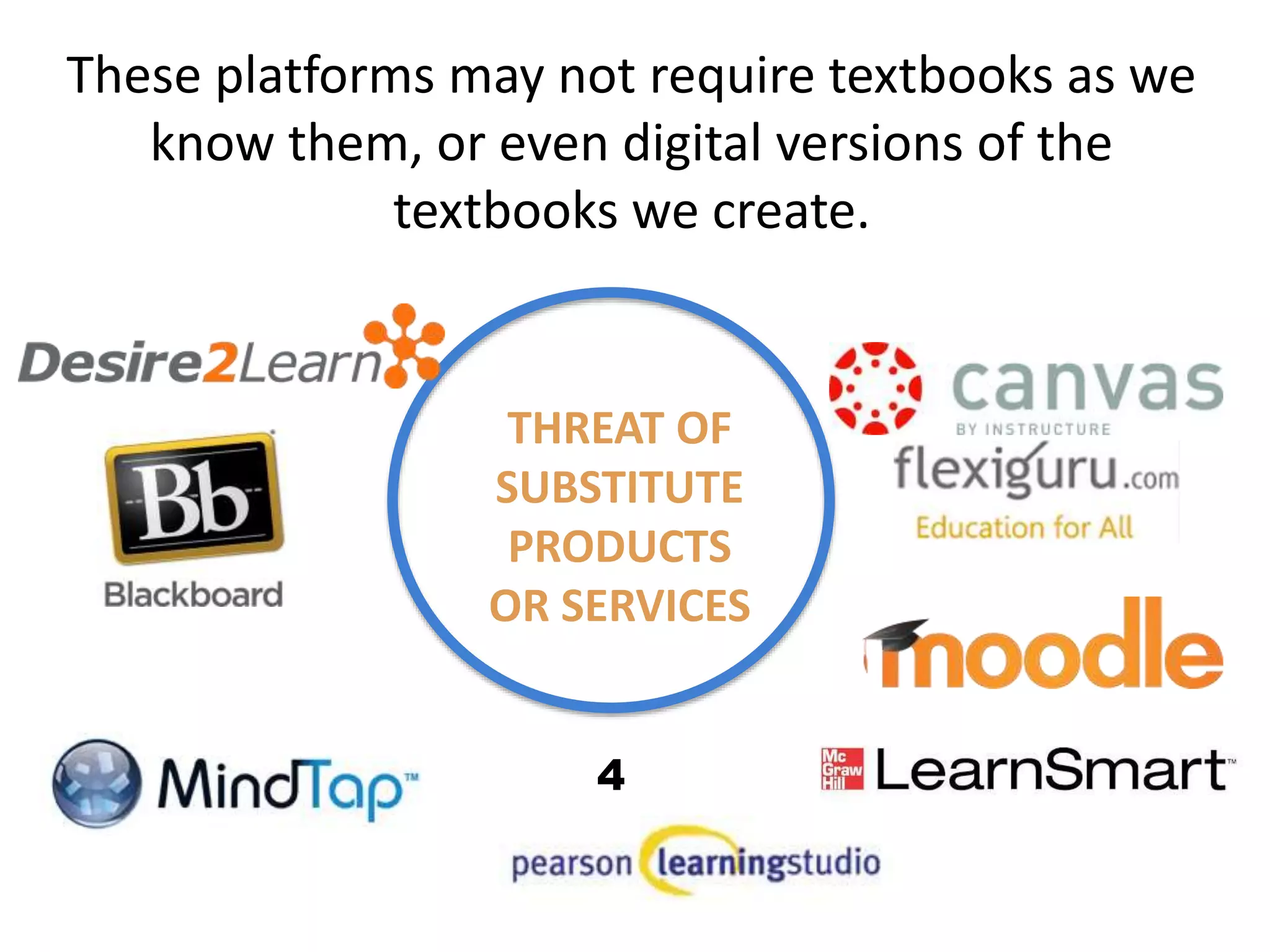 THREAT OF
SUBSTITUTE
PRODUCTS
OR SERVICES
These platforms may not require textbooks as we
know them, or even digital versions of the
textbooks we create.
4
 